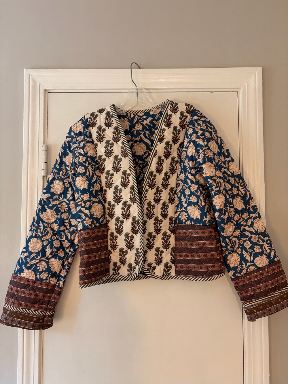 Floral Block Print Cropped Jacket in Blue and Cream